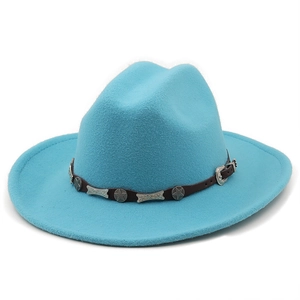 Bright blue wool western cowboy hat with brown leather band and star metal studs