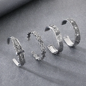 Vintage stainless steel cuff bracelets with Iron Cross and angel wings punk designs