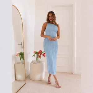 Slim fit light blue ruched backless maxi dress with textured fabric for women