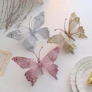 Farfalle decorative glitterate in tulle con perle per Natale in oro, argento e rosa