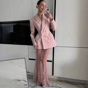 Elegant Blazer And Lace Skirt Outfit Solid Color Double Breasted Jacket Sheer Mesh Long Skirt Sexy Vintage Women Clothing