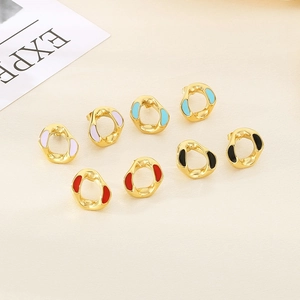 Square geometric crisscross enamel earrings with colorful crystals in gold finish