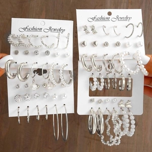 Fashion silver alloy earring set with studs, hoops, pearls and rhinestones on card
