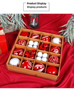 Christmas ornaments set featuring red balls and stars displayed in a 16-grid kraft paper box