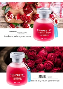 Close-up of 65ml liquid air freshener bottles in rose and pomegranate scents