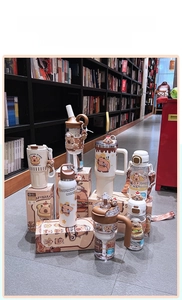 Collection of Capybara themed insulated water bottles with cute cartoon bakery illustrations