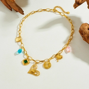 Gold layered heart necklace with multi-color emerald square and bead pendants
