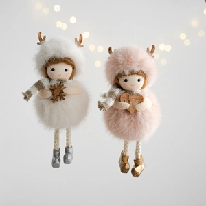 Charming plush angel girl ornaments in pink and white for Christmas tree decoration