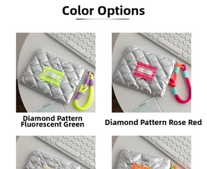 Detail view of metallic quilted cosmetic bags with colorful zipper pulls and tags