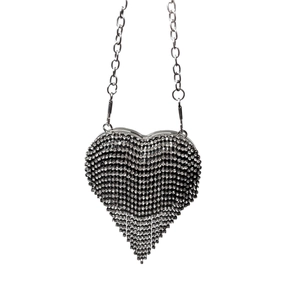 Sparkly heart-shaped mini crossbody bag with silver rhinestones and metal chain strap