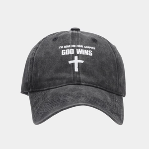 Detail of washed charcoal cotton baseball cap with religious cross and printed slogans
