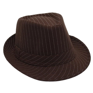 Detail shot of a dark brown wool fedora with white pinstripes and a classic pinched crown