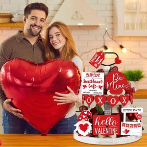 Lifestyle view of 12pcs Valentine tiered tray wooden decor set with hearts and love signs