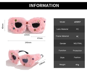 Detailed size specifications for pink faux fur cat eye sunglasses with rhinestones