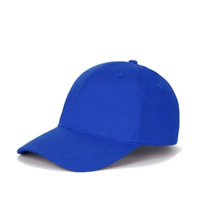 Detail of blue cotton baseball cap with six-panel structure and curved brim for kids
