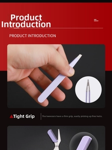 Close-up of lavender eyebrow tweezers and comb scissors kit with precision tip detail