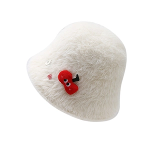 Plush white bucket hat for women with cute cherry and button details for winter warmth