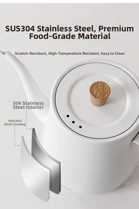 Cross-section of matte white goose-neck kettle showing SUS304 stainless steel interior