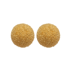 Pair of minimalist golden spherical stud earrings with textured matte finish on white background