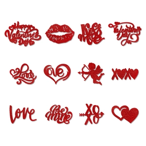 Set of 12 red glitter paper cupcake toppers featuring Valentine's Day heart and lip patterns
