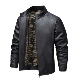 Men's black faux leather jacket with stand collar and warm velvet lining for spring