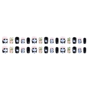 Cute panda press-on nails set with short round shape and bamboo art patterns