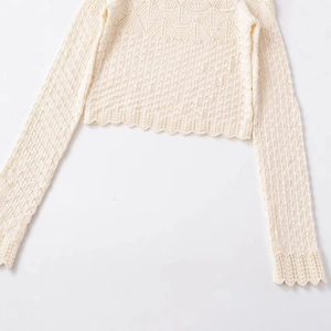 Beige knitted long sleeve cropped top featuring delicate crochet hollow textures