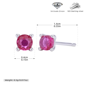 Detailed dimensions of 925 silver stud earrings featuring 4mm red 5A zircon stones