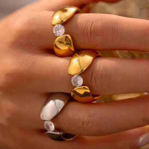 Offener Ring Aus Edelstahl Vergoldet Runder Zirkonia Klobiger Breiter Band Minimalistisch Polierter Schmuck Für Damen
