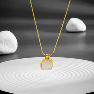 Gold titanium steel snake chain necklace with a square white opal pendant for women