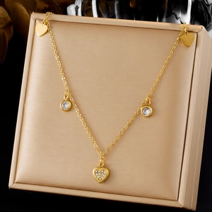 Pendant Necklace Stainless Steel Gold Plated Cubic Zirconia Heart Flower Dainty Clavicle Chain Elegant Jewelry For Women