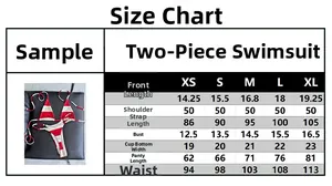 Detailed size chart for women's two-piece striped bikini swimwear in various sizes