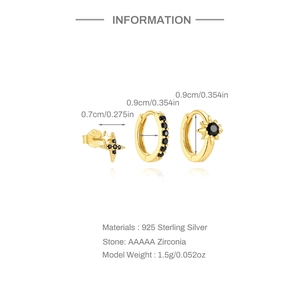 Detail view of 925 sterling silver set with black zirconia star stud and hoop earrings