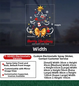 Christmas tree window sticker size guide showing five dimensions for holiday glass decals