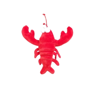 Close-up of a cute red plush lobster brooch pin with soft fabric and cartoon design