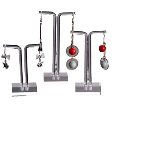 Set of 3 clear acrylic and silver metal earring display stands in varying heights