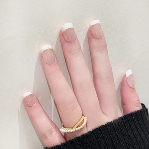 Press On Nails French Tip White Border Gold Glitter Line Short Square Glossy Wearable Fake Nails For Women