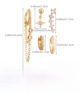 5-piece gold-tone earring set with dimensions and weight specs on a white background