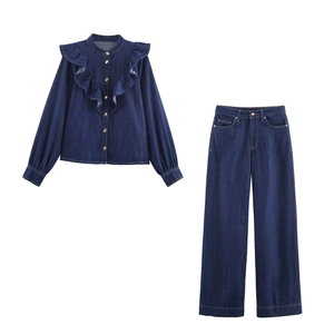 Ensemble Chemise et Pantalon en Polyester Style Jean pour Femme Haut à Volants Manches Longues Pantalon Taille Haute