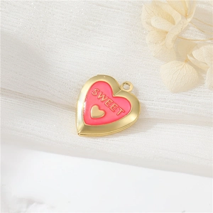 Golden heart locket necklace with pink enamel and Sweet lettering for women