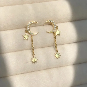 S925 silver needle star and moon tassel drop earrings with sparkling zircon in gold finish