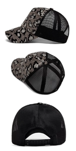 Detail of leopard print sequin baseball cap showing breathable mesh and snapback closure