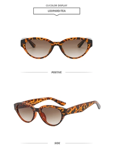 Dettaglio degli occhiali da sole cat eye leopardati con lenti color tè da davanti e di lato