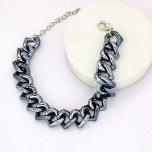 Close-up of gunmetal grey heart-link pet necklace with adjustable lobster clasp