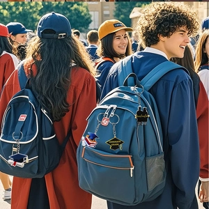 Portachiavi per laurea con tocchi e medaglie mostrati su zaini di colore blu e nero