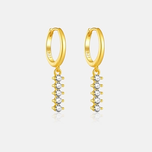 Close-up of S925 silver hoop earrings with five sparkling cubic zirconia pendants