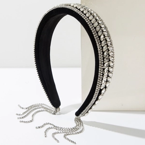 Detail of crystal headband with cascading rhinestone fringes on elegant white display