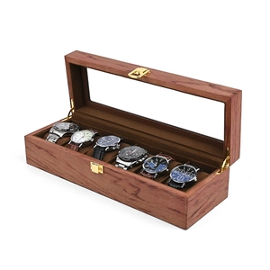 Vintage walnotenhouten horlogedoos met 6 vakken, glazen deksel en gouden slot
