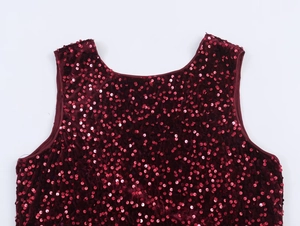 Detailed close-up of premium burgundy sequined sleeveless top with elegant shimmer finish