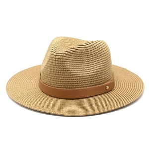 Chapeau fedora classique en paille kaki avec large bord et ruban en cuir pour le soleil